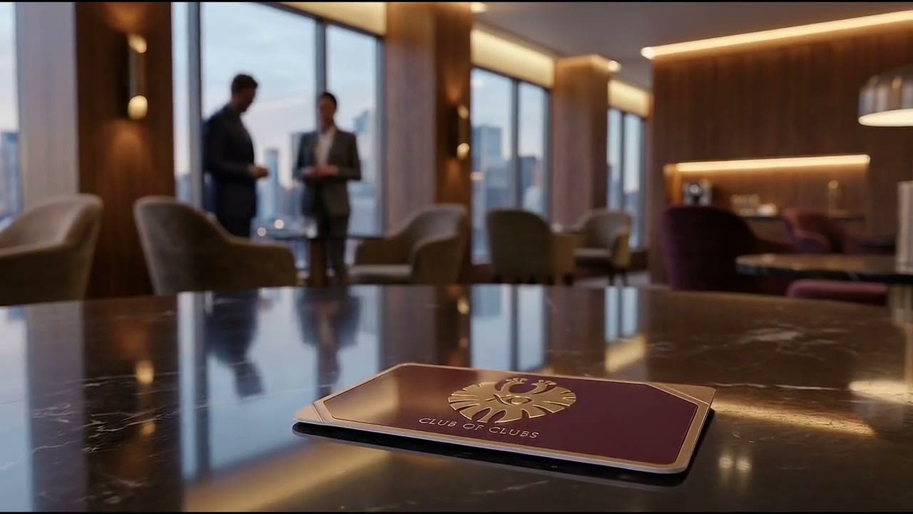 A marble lobby with a concierge desk and a chauffeured car waiting outside